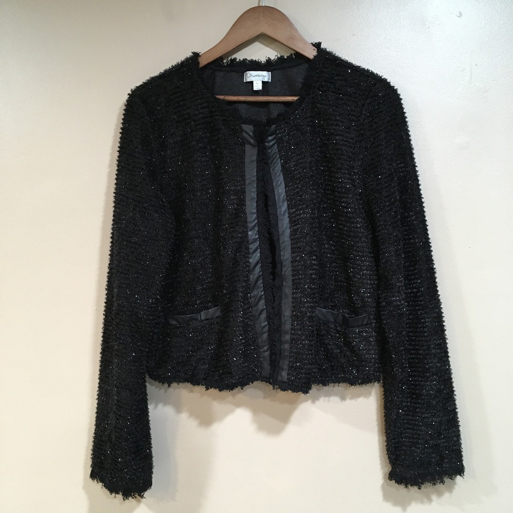 Olsenboye Metallic Fringe Shimmer Cardigan Shrug Womens XL Black Glam Party Chic